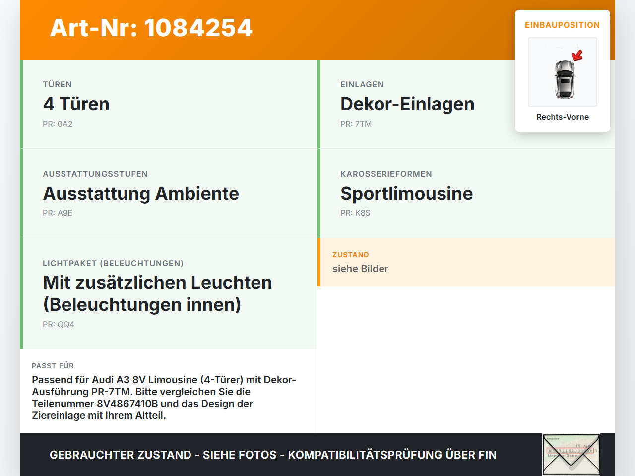 Audi A3 8V 12-16 Lim Zierleiste Dekorleiste Türverkleidung Blende Rechts Vorne Audi A3 8V 12-16 17.06.2016... Vorschau 3