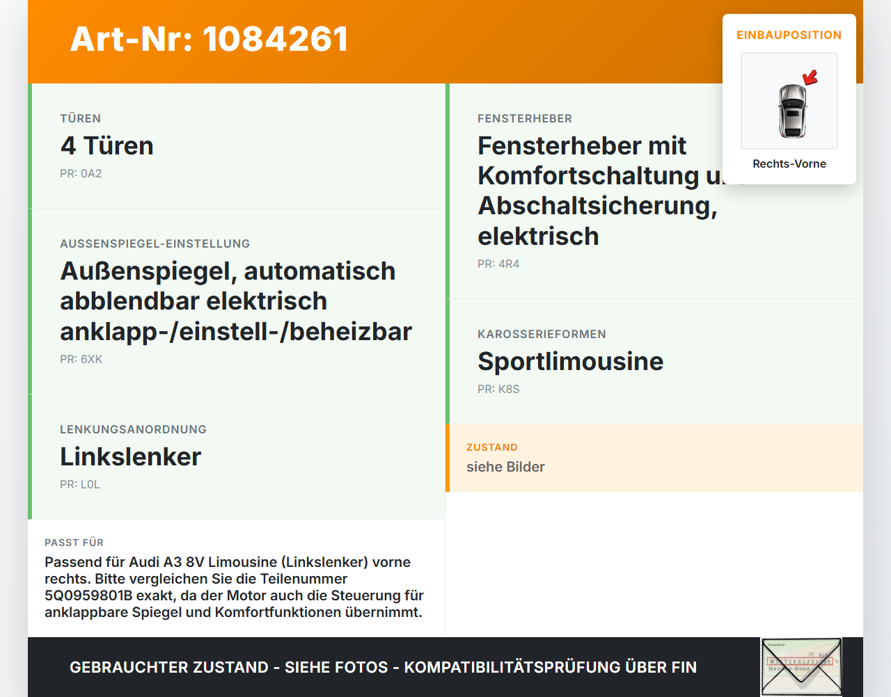 Audi A3 8V 12-16 Lim Fensterhebermotor Fensterheber Motor Rechts Vorne Audi A3 8V 12-16 17.06.2016 5Q0959801B gebraucht Vorschau 3