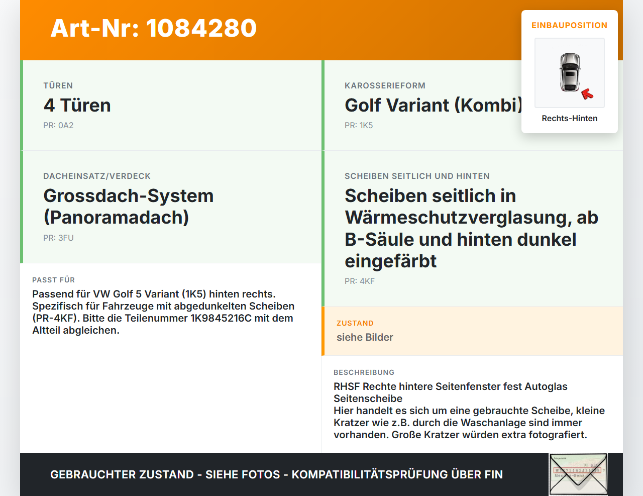 VW Golf 5 V Variant 1K5 03-09 Kombi Seitenscheibe Feste Scheibe Dreiecksfenster Rechts Hinten VW Golf 5 V Variant... Vorschau 3