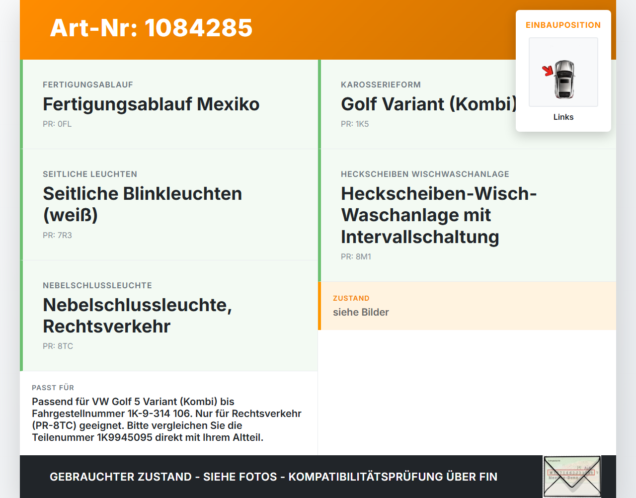 VW Golf 5 V Variant 1K5 03-09 Kombi Rückleuchte Rücklicht Heckleuchte Links orig VW Golf 5 V Variant 1K5 03-09... Vorschau 3