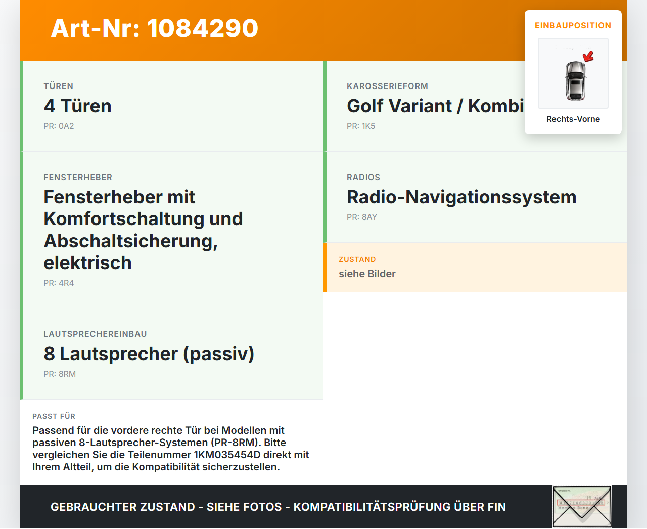 VW Golf 5 V Variant 1K5 03-09 Lautsprecher Box Türlautsprecher Tür Rechts Vorne VW Golf 5 V Variant 1K5 03-09... Vorschau 3