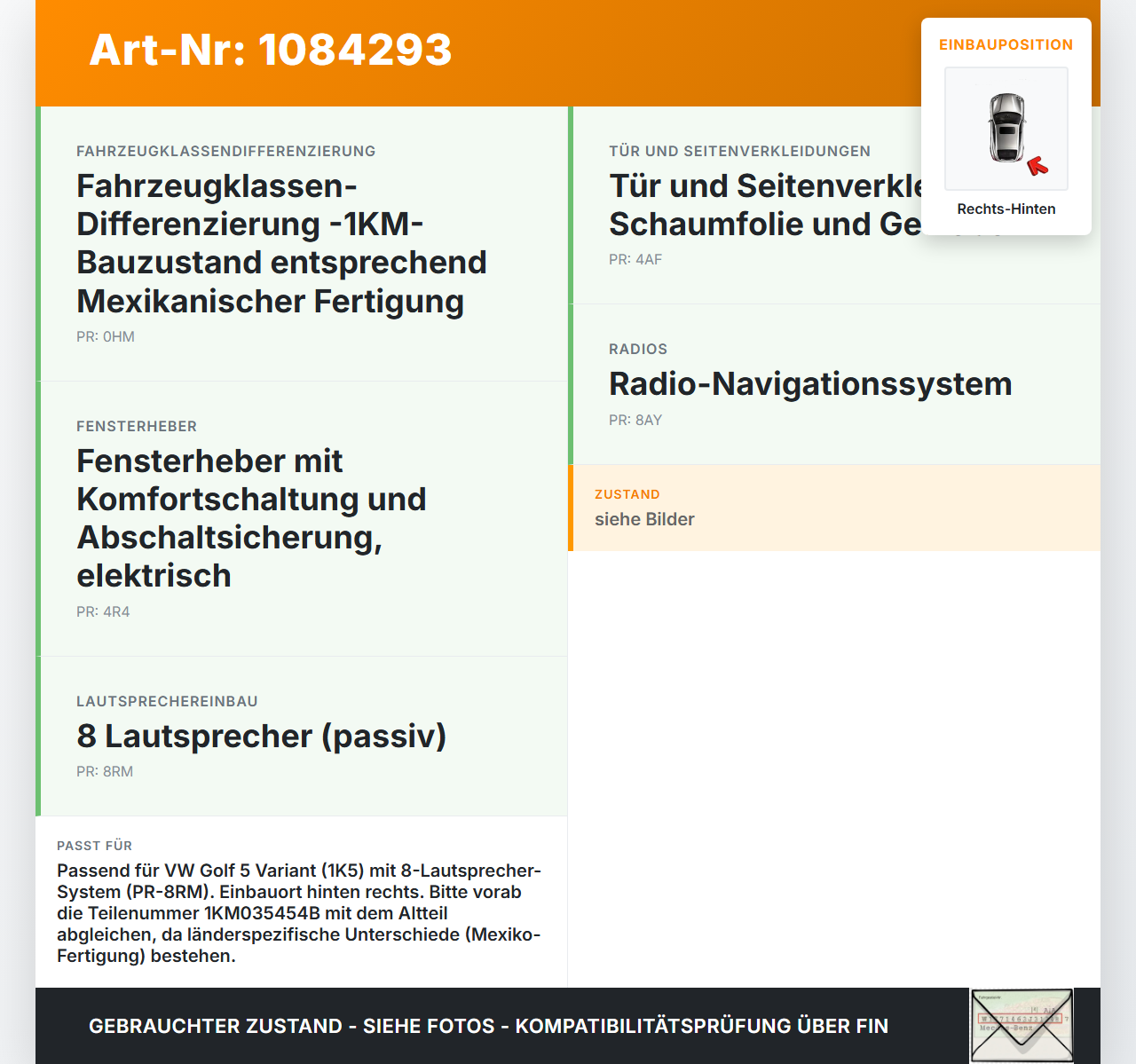 VW Golf 5 V Variant 1K5 03-09 Kombi Lautsprecher Rechts Hinten VW Golf 5 V Variant 1K5 03-09 13.12.2007 1KM035454B... Vorschau 3