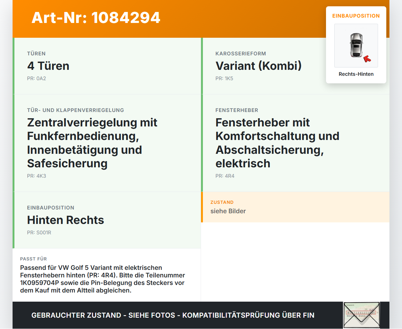 VW Golf 5 V Variant 1K5 03-09 Kombi Fensterhebermotor Rechts Hinten VW Golf 5 V Variant 1K5 03-09 13.12.2007... Vorschau 3
