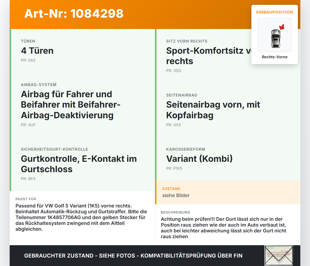 VW Golf 5 V Variant 1K5 03-09 Kombi Gurt Sicherheitsgurt Rechts Vorne VW Golf 5 V Variant 1K5 03-09 13.12.2007... Vorschau 3