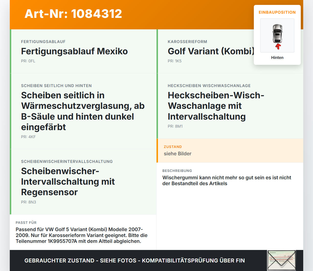 VW Golf 5 V Variant 1K5 03-09 Kombi Heckwischer Scheibenwischer Hinten Wischarm VW Golf 5 V Variant 1K5 03-09... Vorschau 3