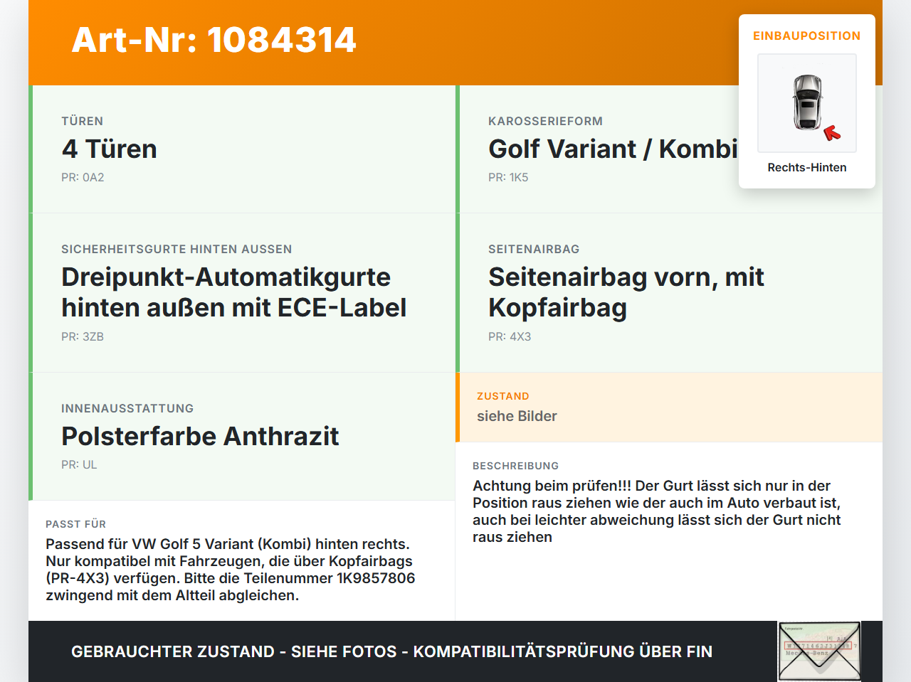 VW Golf 5 V Variant 1K5 03-09 Kombi Gurt Sicherheitsgurt Rechts Hinten VW Golf 5 V Variant 1K5 03-09 13.12.2007... Vorschau 3