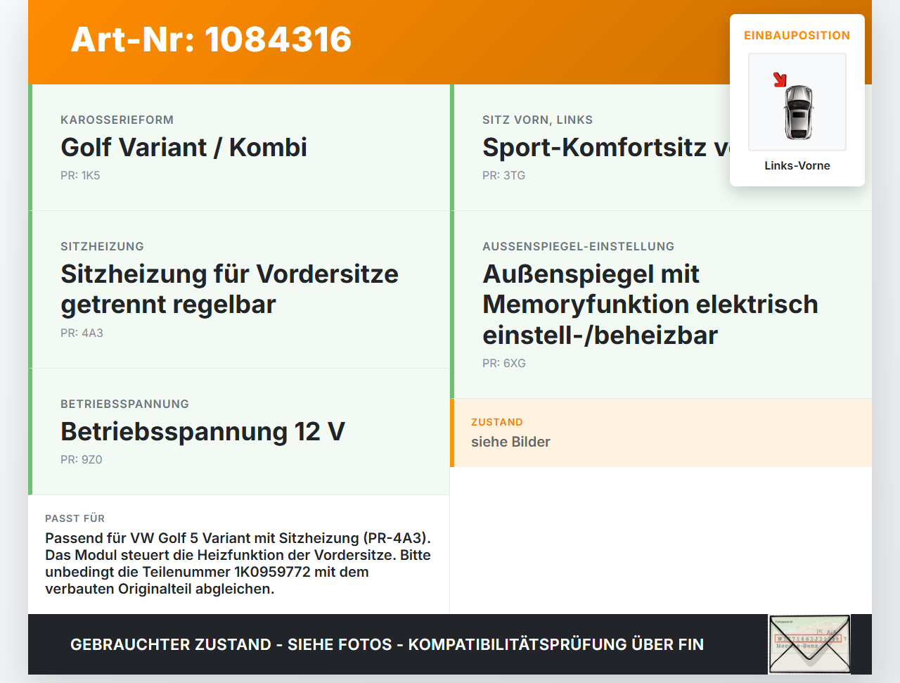VW Golf 5 V Variant 1K5 03-09 Steuergerät ECU Sitzheizung Relais Modul Links Vorne VW Golf 5 V Variant 1K5 03-09... Vorschau 3