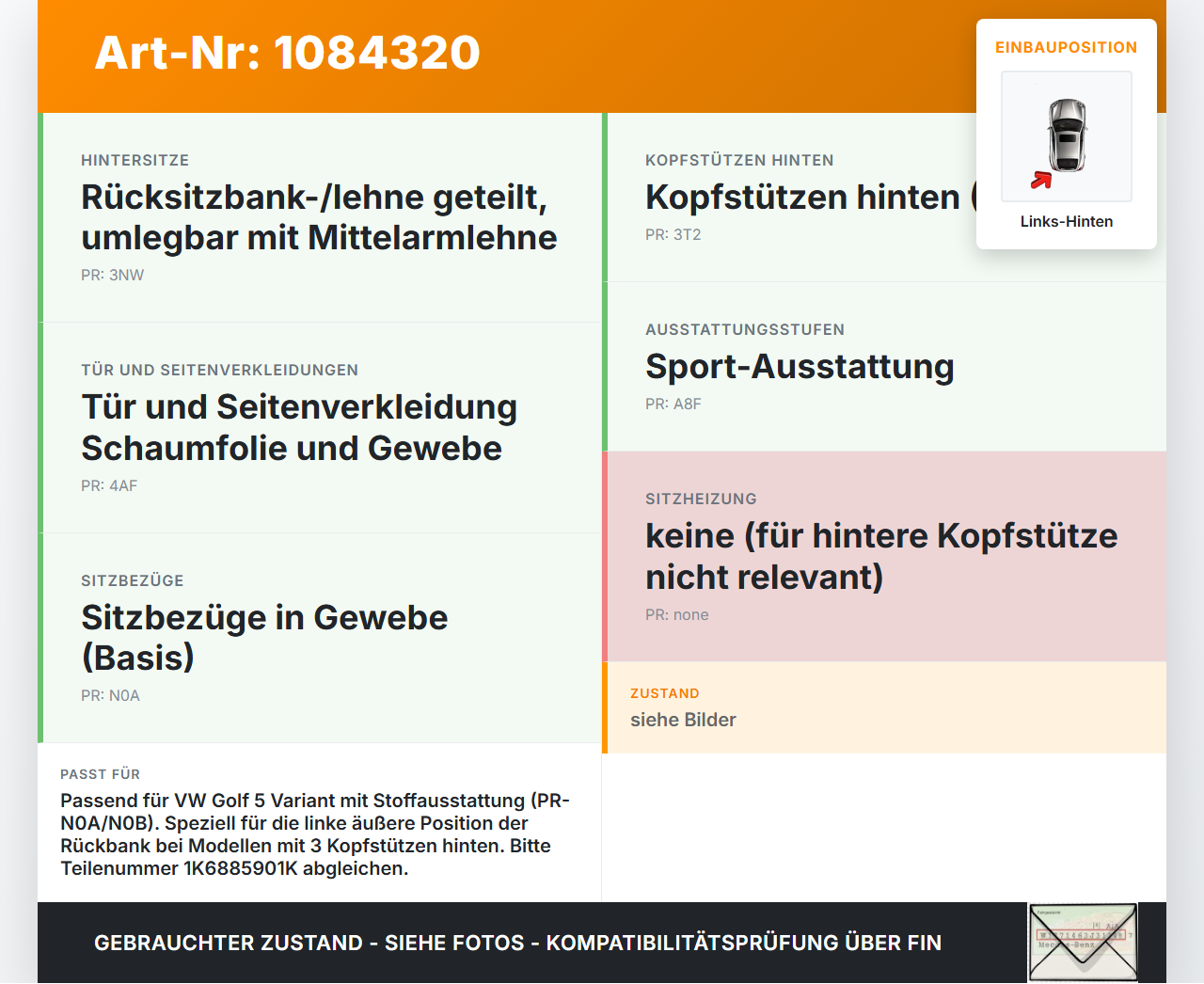 VW Golf 5 V Variant 1K5 03-09 Kopfstütze Links Hinten VW Golf 5 V Variant 1K5 03-09 13.12.2007 1K6885901K gebraucht Vorschau 3