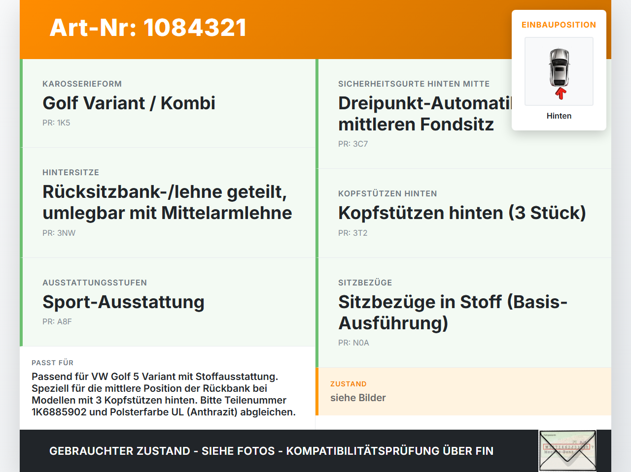 VW Golf 5 V Variant 1K5 03-09 Kopfstütze Mitte Hinten VW Golf 5 V Variant 1K5 03-09 13.12.2007 1K6885902 gebraucht Vorschau 3