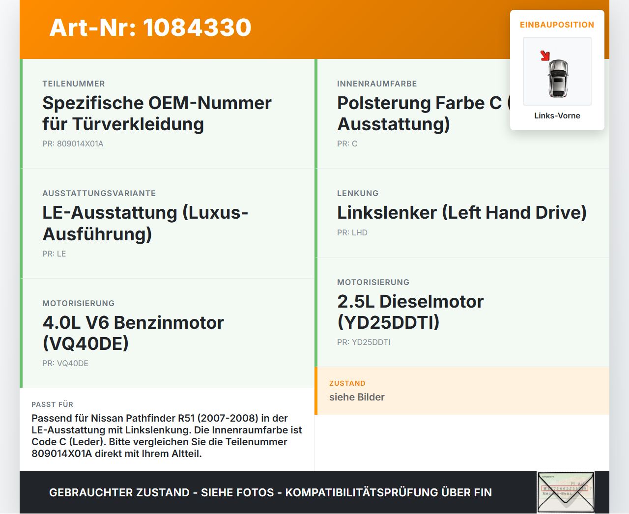 Nissan Pathfinder R51 05-10 Türverkleidung Türpappe Türabdeckung Links Vorne Nissan Nissan Pathfinder R51 05-10... Vorschau 3