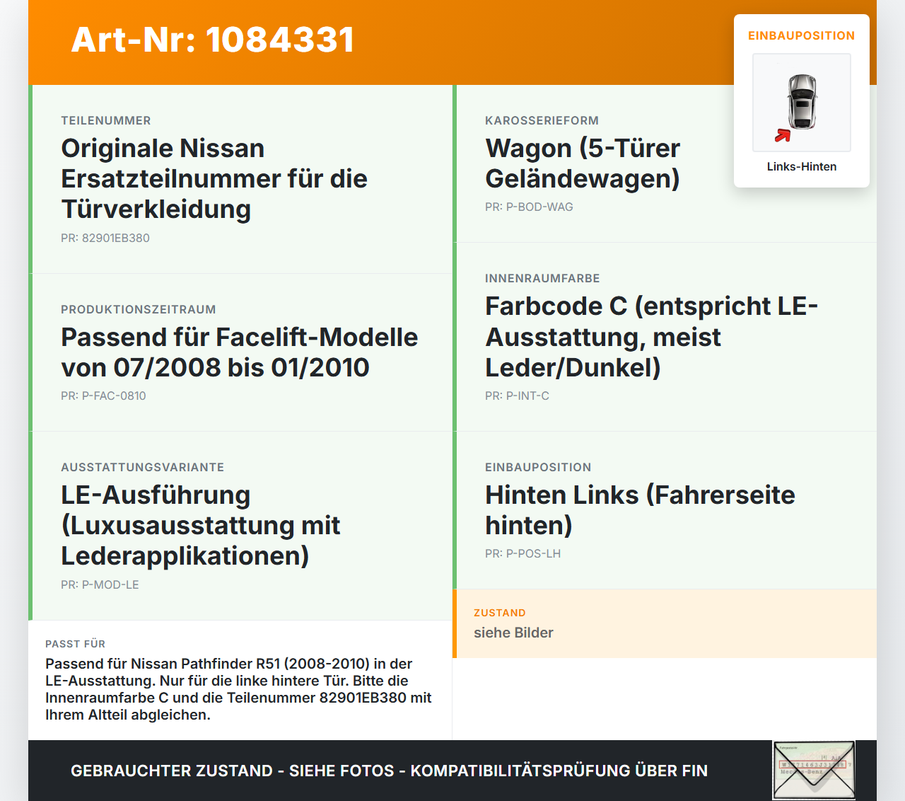 Nissan Pathfinder R51 05-10 Türverkleidung Türpappe Links Hinten Nissan Nissan Pathfinder R51 05-10 29.09.2008... Vorschau 3