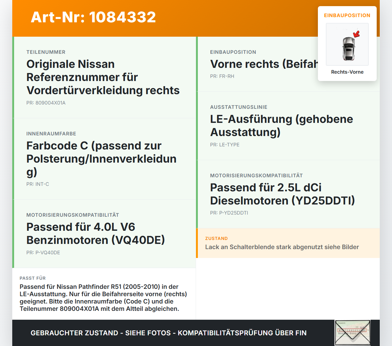 Nissan Pathfinder R51 05-10 Türverkleidung Türpappe Rechts Vorne Nissan Nissan Pathfinder R51 05-10 29.09.2008... Vorschau 3