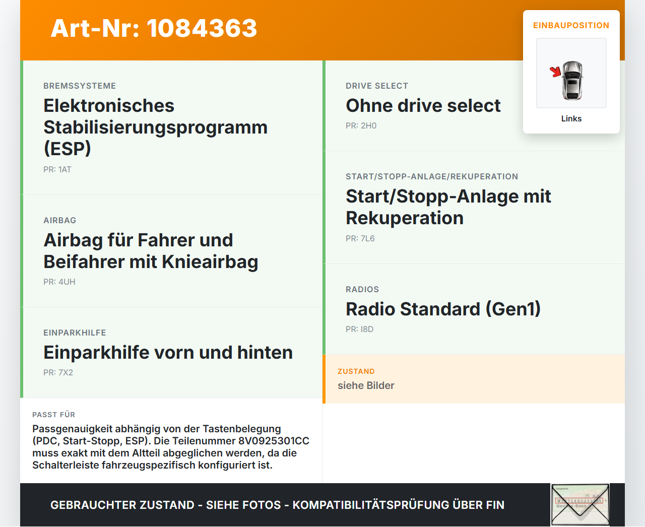 Audi A3 8V 12-16 Warnblinkschalter Schalterleiste Schalter PDC ESP Taster Audi A3 8V 12-16 17.06.2016 8V0925301CC... Vorschau 3