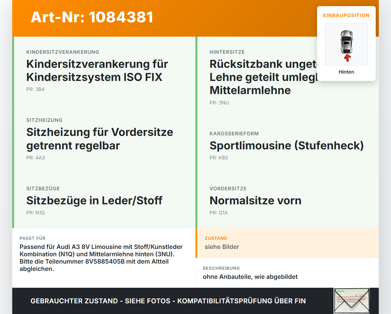 Audi A3 8V 12-16 Lim Sitz Rücksitzbank Hinten Audi A3 8V 12-16 17.06.2016 8V5885405B gebraucht Vorschau 3