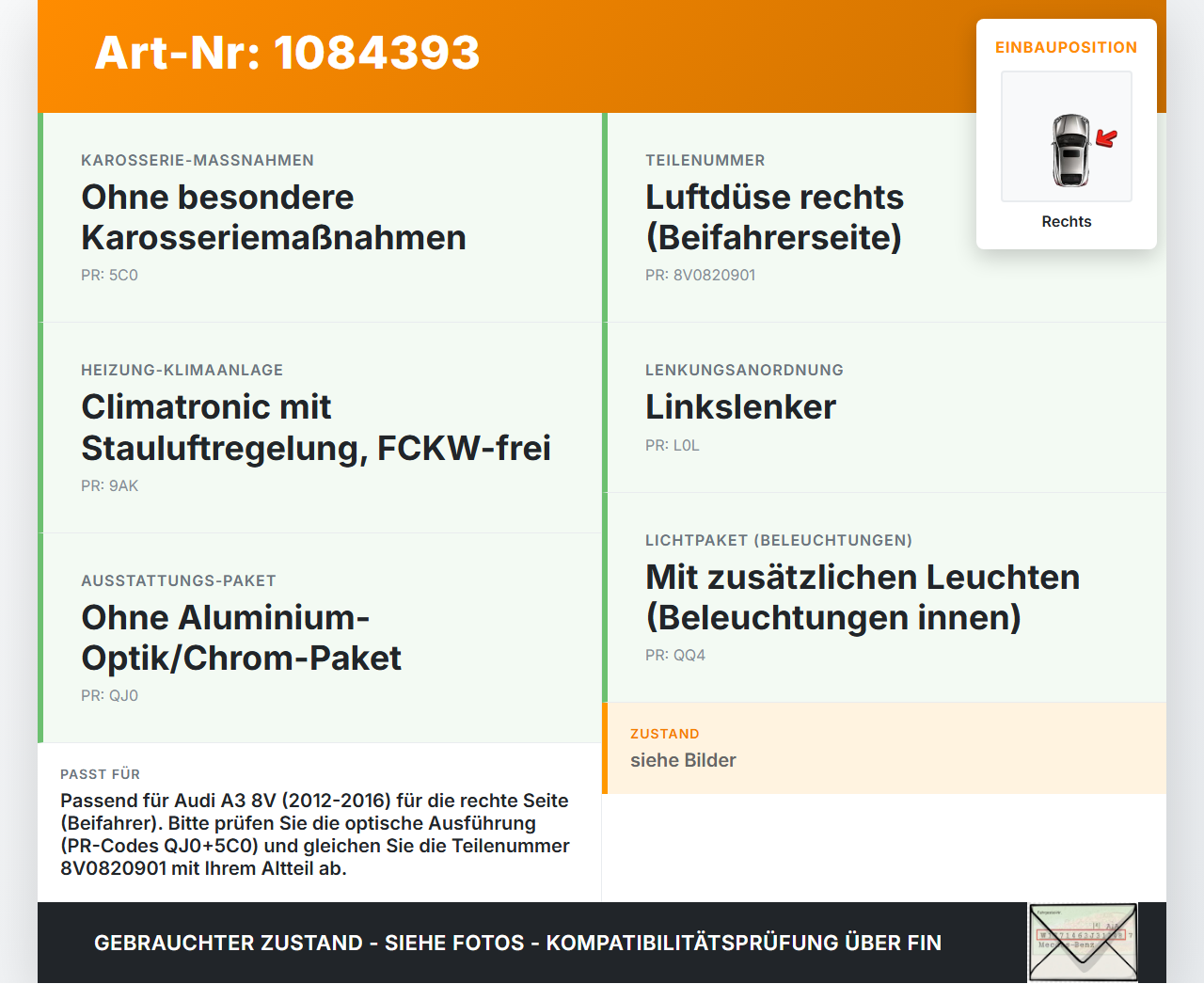 Audi A3 8V 12-16 Luftdusche Luftdüse Rechts Audi A3 8V 12-16 17.06.2016 8V0820901 gebraucht Vorschau 3