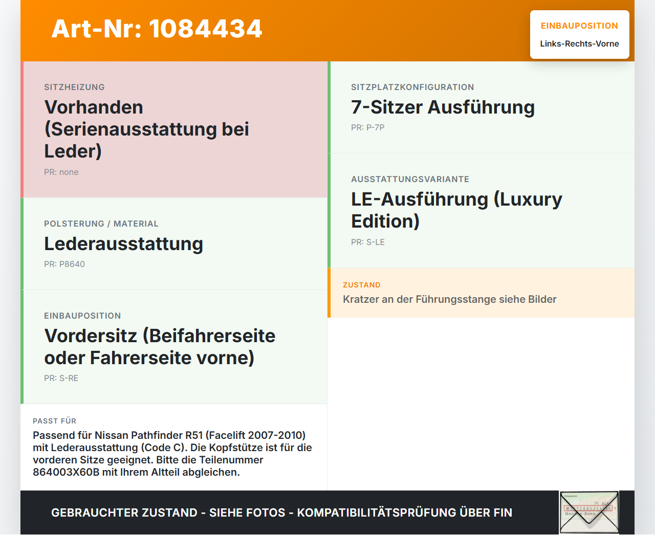 Nissan Pathfinder R51 05-10 Leder Kopfstütze für Beifahrer Sitz Rechts oder Links Vorne Nissan Nissan Pathfinder... Vorschau 3