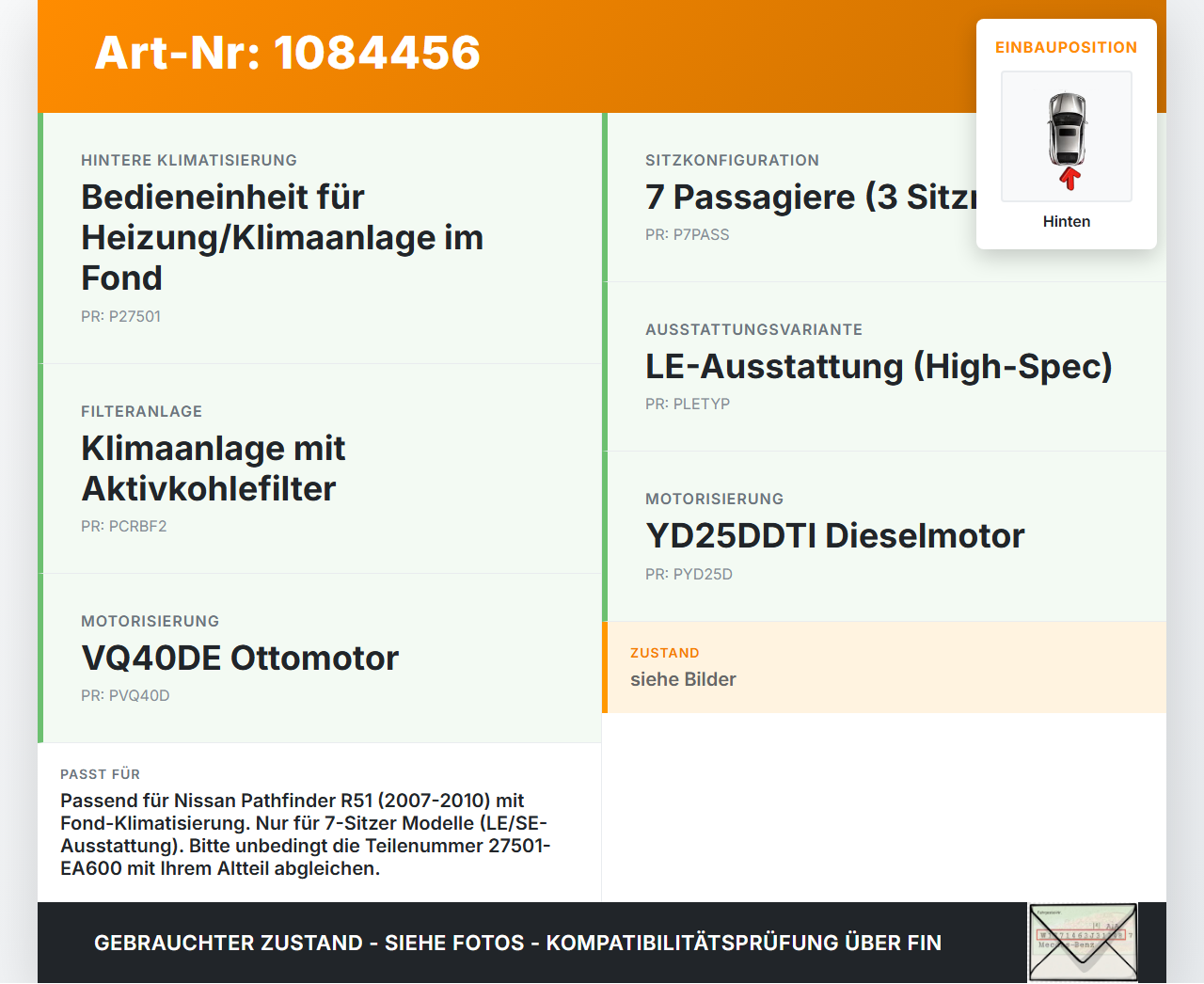 Nissan Pathfinder R51 05-10 Bedienteil Bedienelement Heizung Klimabedienteil Hinten Nissan Nissan Pathfinder R51... Vorschau 3