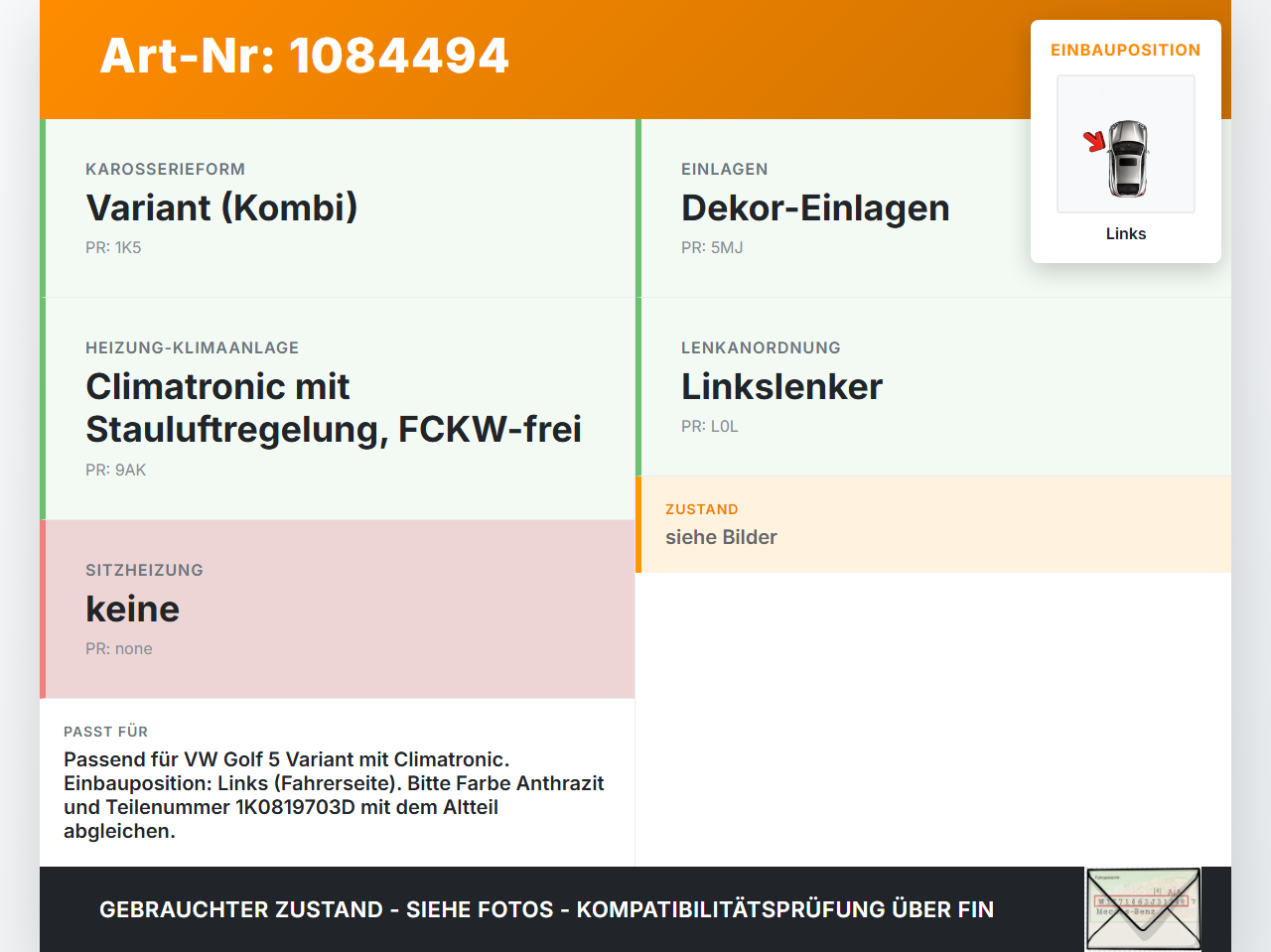 VW Golf 5 V Variant 1K5 03-09 Luftdusche Luftdüse Links VW Golf 5 V Variant 1K5 03-09 13.12.2007 1K0819703D gebraucht Vorschau 3