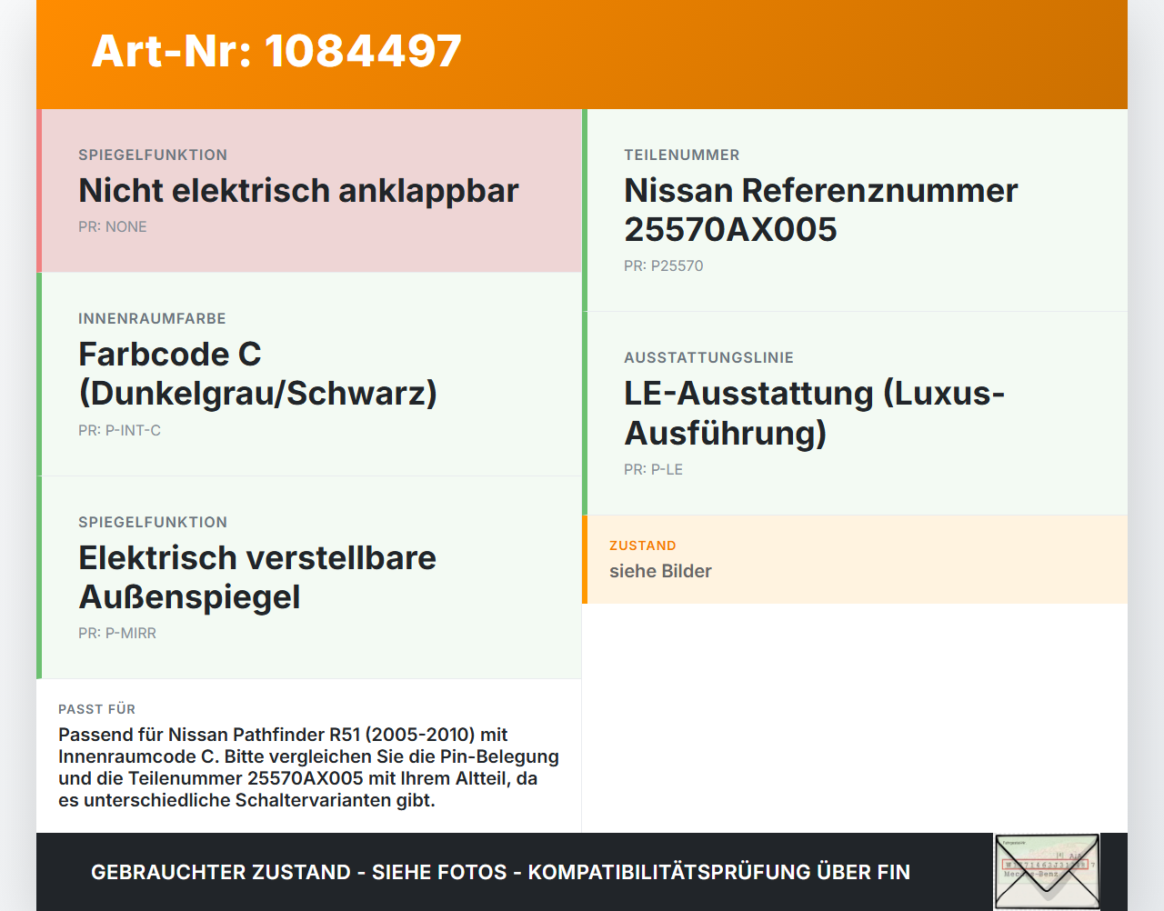 Nissan Pathfinder R51 05-10 Spiegelverstellung Aussenspiegel Schalter Nissan Nissan Pathfinder R51 05-10 29.09.2008... Vorschau 3