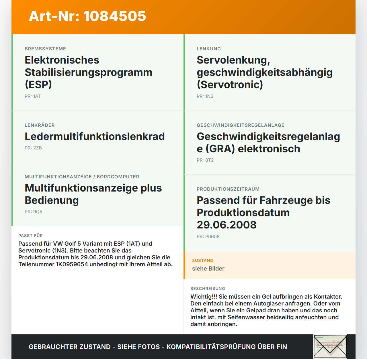 VW Golf 5 V Variant 1K5 03-09 Lenkwinkelsensor VW Golf 5 V Variant 1K5 03-09 13.12.2007 1K0959654 gebraucht Vorschau 3