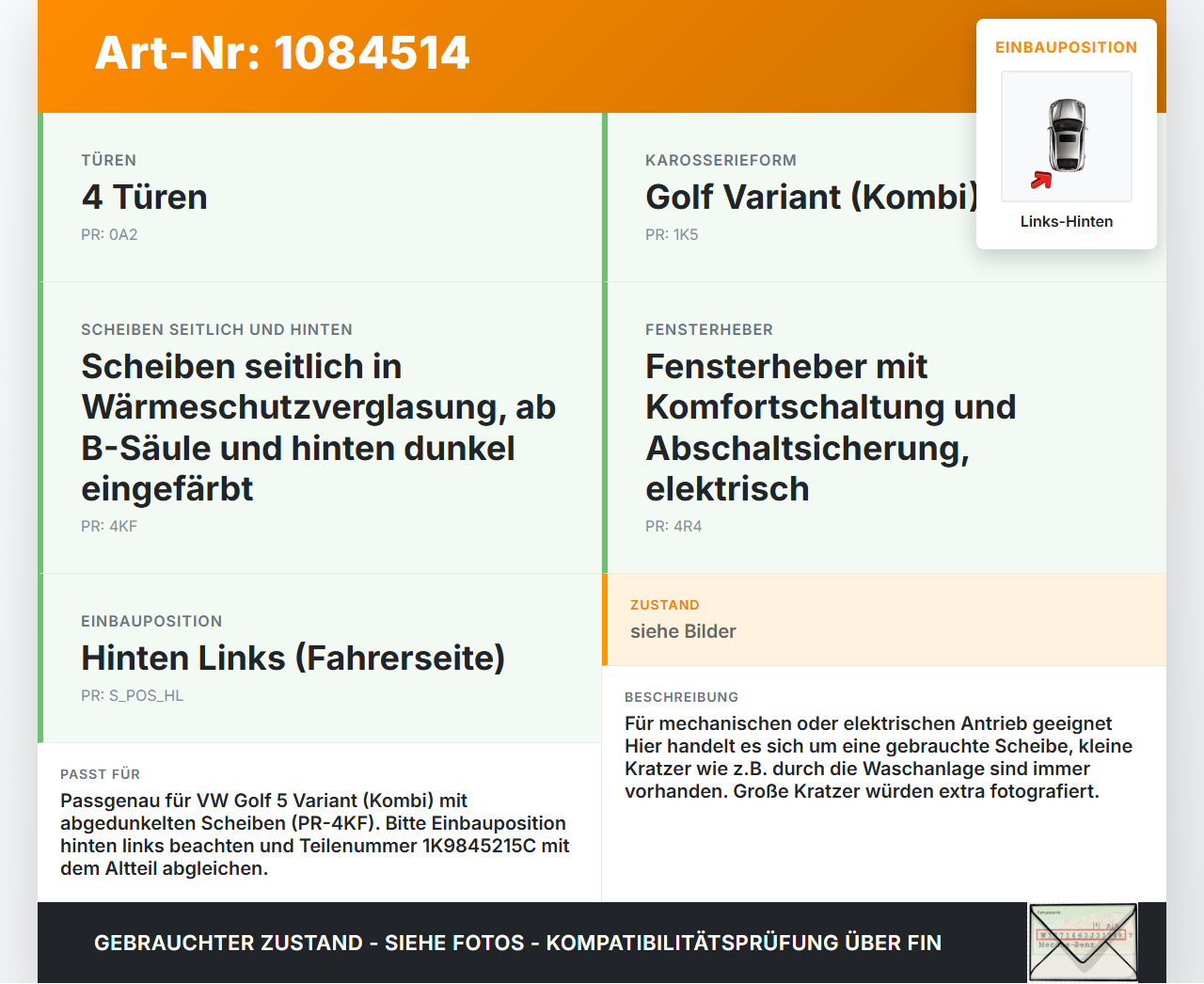 VW Golf 5 V Variant 1K5 03-09 Kombi Seitenscheibe Feste Scheibe Tür Hinten Links VW Golf 5 V Variant 1K5 03-09... Vorschau 3