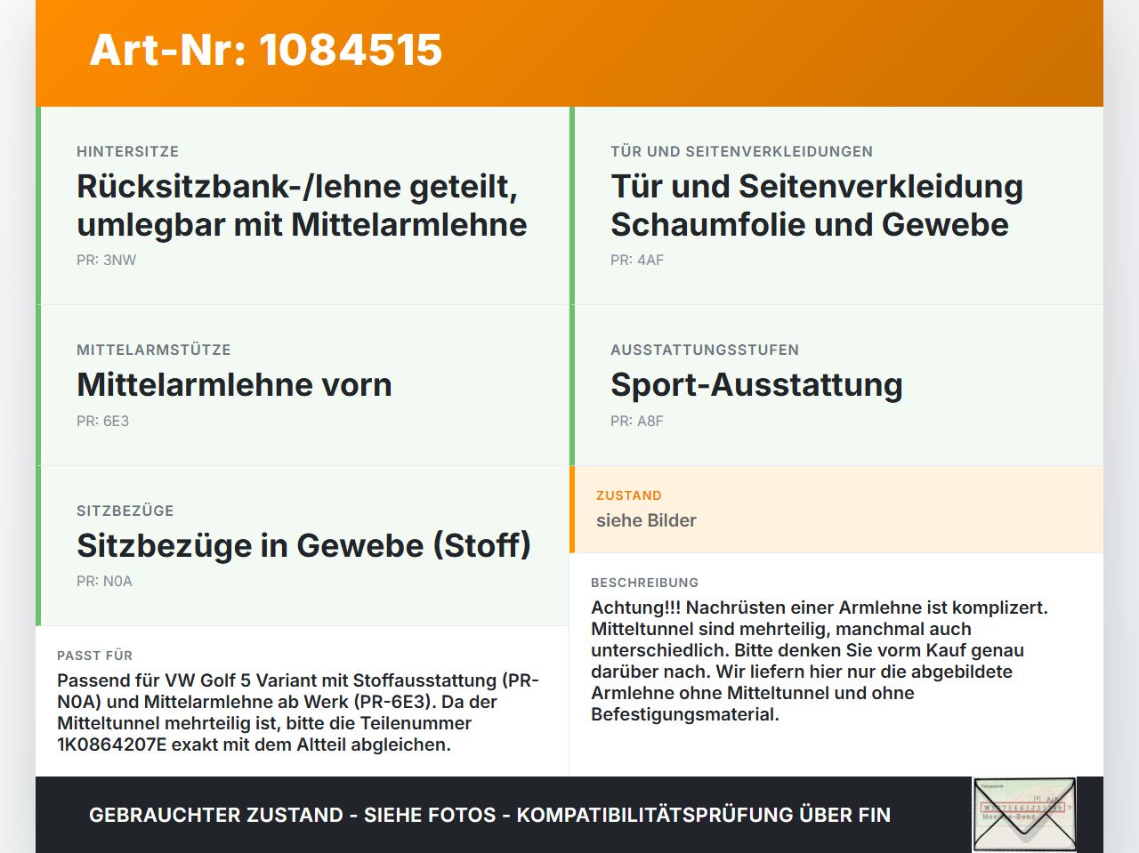 VW Golf 5 V Variant 1K5 03-09 Armlehne Mittelarmlehne Auflage Stoff Grau VW Golf 5 V Variant 1K5 03-09 13.12.2007... Vorschau 3