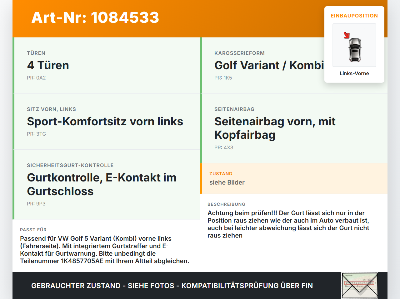 VW Golf 5 V Variant 1K5 03-09 Kombi Gurt Sicherheitsgurt m. Gurtstraffer Fahrer Links Vorne VW Golf 5 V Variant 1K5... Vorschau 3