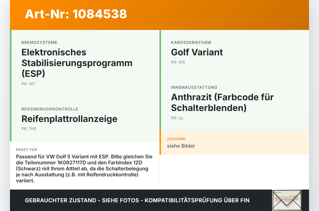VW Golf 5 V Variant 1K5 03-09 Schalter ESP Off VW Golf 5 V Variant 1K5 03-09 13.12.2007 1K0927117D gebraucht Vorschau 3