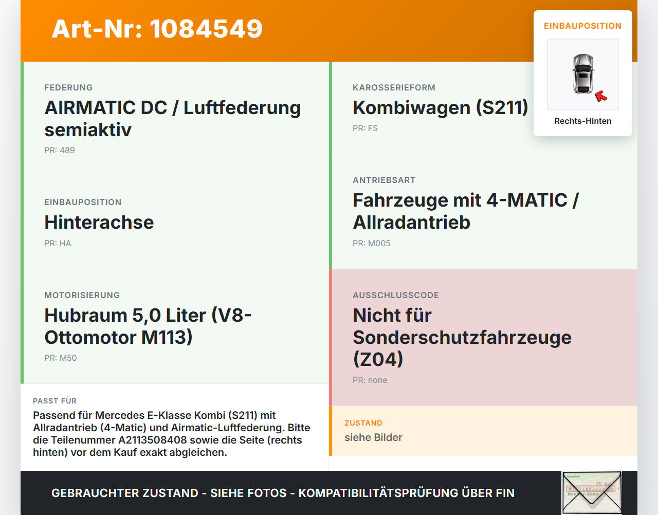 Mercedes S211 E500 02-06 Kombi 5,0 225KW 4WD Achsschenkel Radnabe Radträger Radlager Rechts Hinten Mercedes S211... Vorschau 3