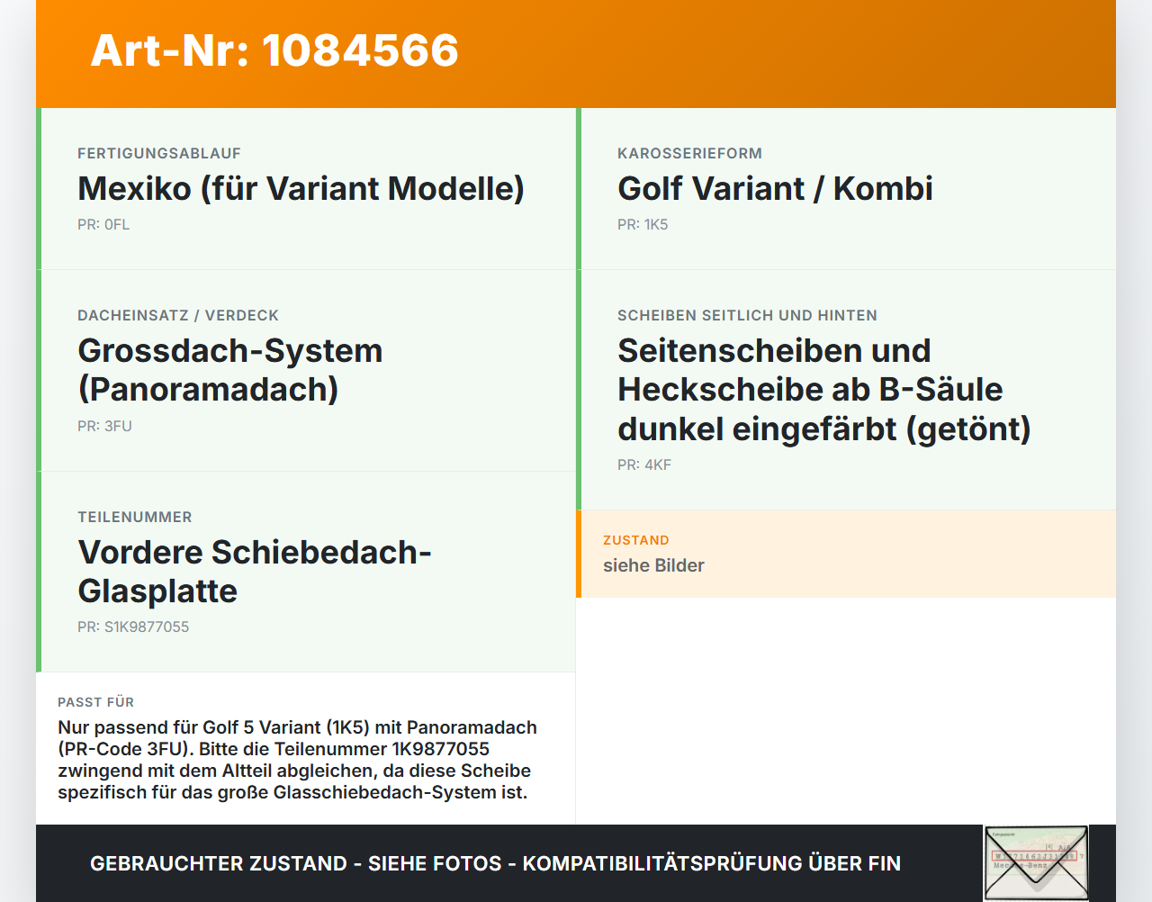 VW Golf 5 V Variant 1K5 03-09 Vordere Panoramadach Scheibe Orig. getönt VW Golf 5 V Variant 1K5 03-09 13.12.2007... Vorschau 3