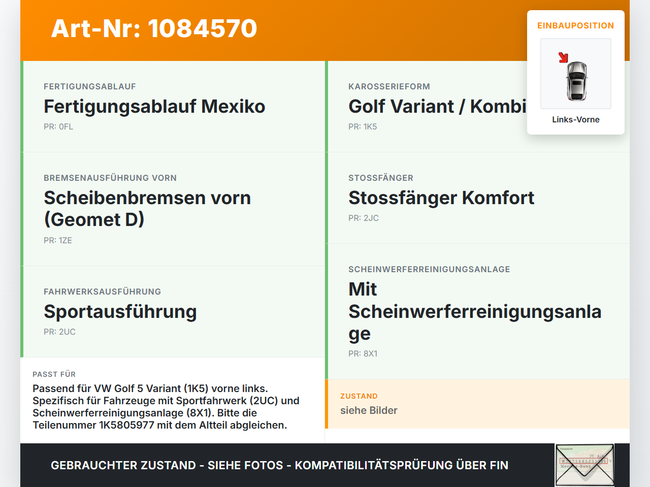 VW Golf 5 V Variant 1K5 03-09 Kotflügel Verkleidung Radhausschale Links Vorne VW Golf 5 V Variant 1K5 03-09... Vorschau 3