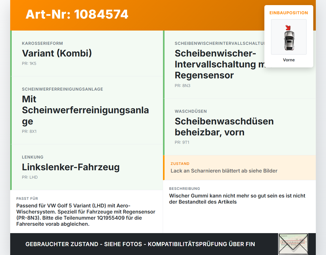 VW Golf 5 V Variant 1K5 03-09 2x Scheibenwischer Wischarm Vorne VW Golf 5 V Variant 1K5 03-09 13.12.2007 1Q1955409... Vorschau 3