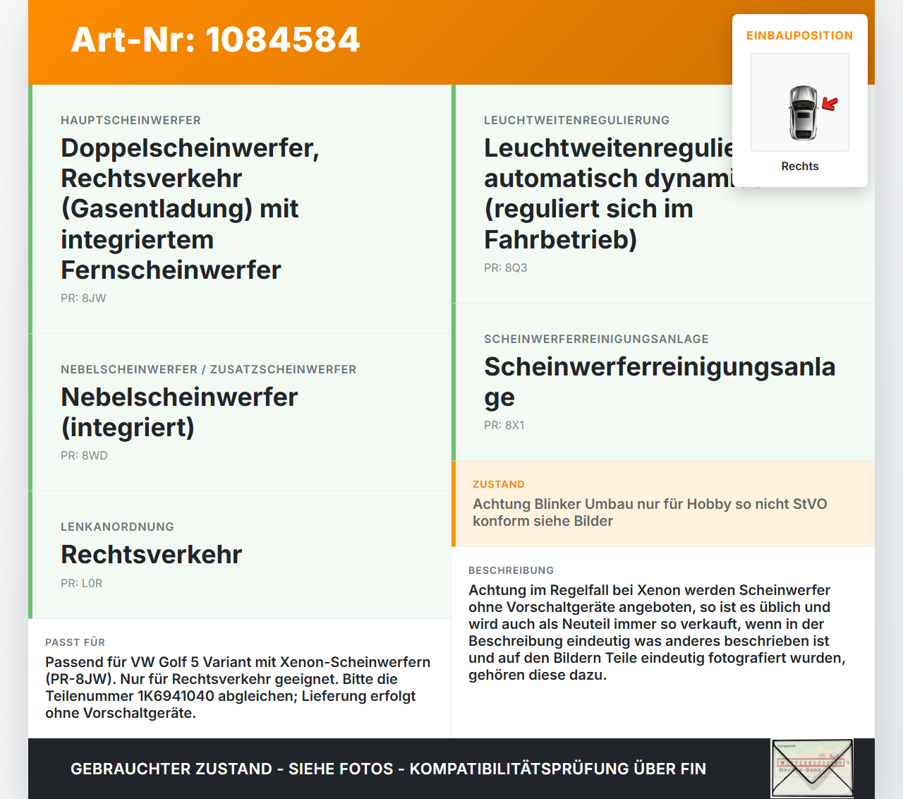 VW Golf 5 V Variant 1K5 03-09 Xenon Scheinwerfer Frontscheinwerfer Rechts orig. VW Golf 5 V Variant 1K5 03-09... Vorschau 3