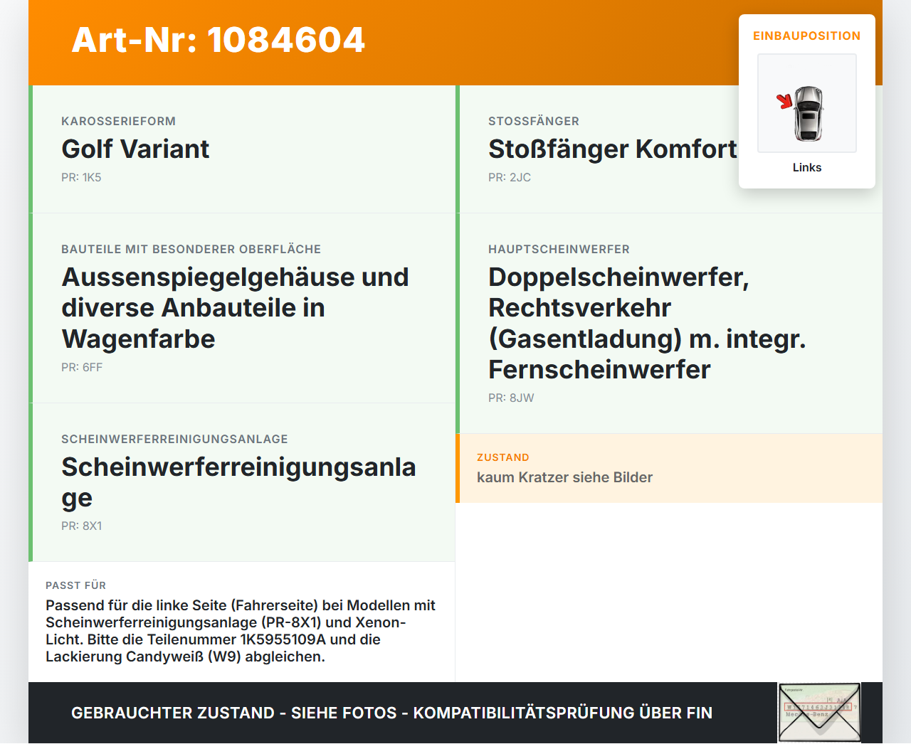 VW Golf 5 V Variant 1K5 03-09 Deckel Klappe Abdeckung für Waschdüse Scheinwerfer SRA Links VW Golf 5 V Variant 1K5... Vorschau 3