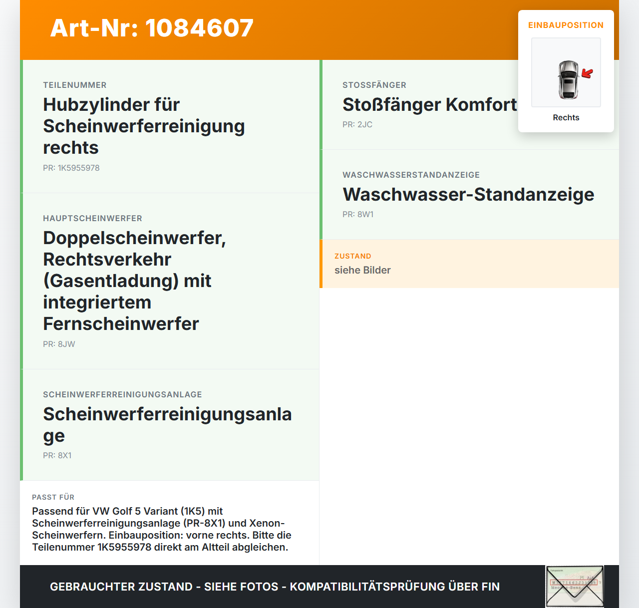 VW Golf 5 V Variant 1K5 03-09 Waschdüse Hubzylinder SRA für Scheinwerfer Rechts VW Golf 5 V Variant 1K5 03-09... Vorschau 3