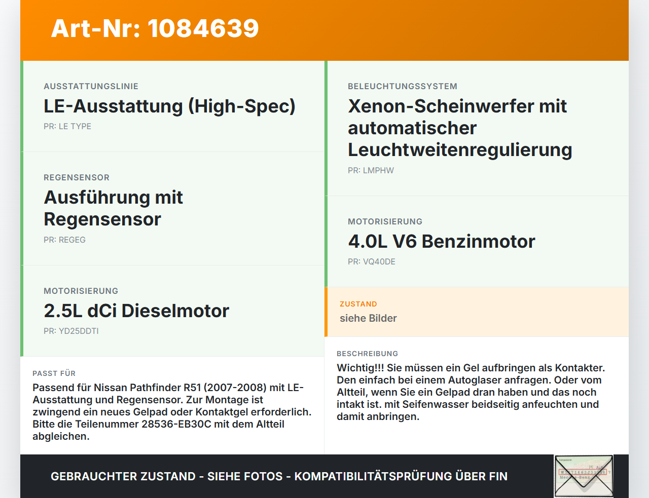 Nissan Pathfinder R51 05-10 Regensensor Nissan Nissan Pathfinder R51 05-10 29.09.2008 28536EB30C 28536-EB30C gebraucht Vorschau 3