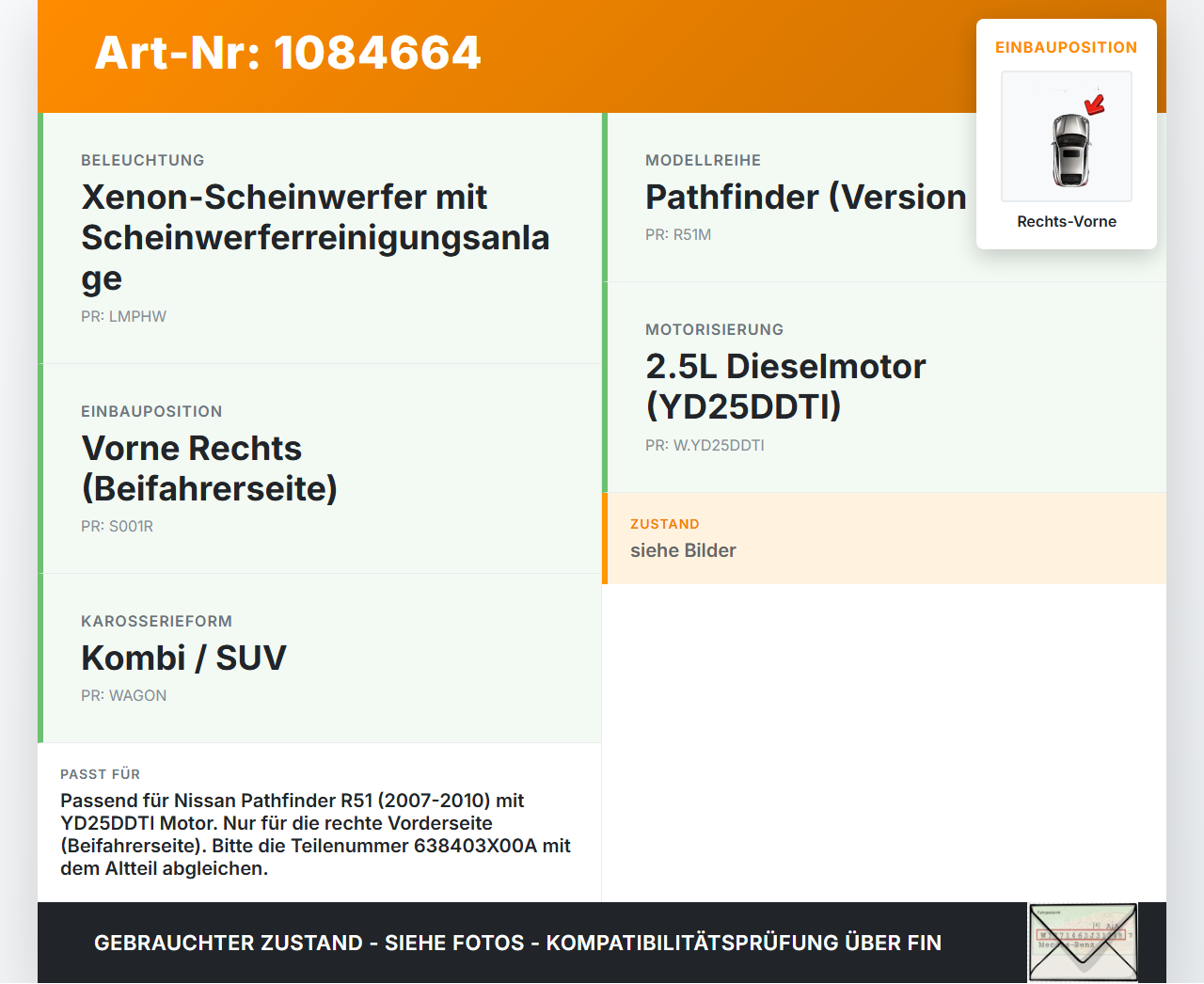 Nissan Pathfinder R51 05-10 Verkleidung Radhausschale Rechts Vorne für Kotflügel Nissan Nissan Pathfinder R51 05-10... Vorschau 3