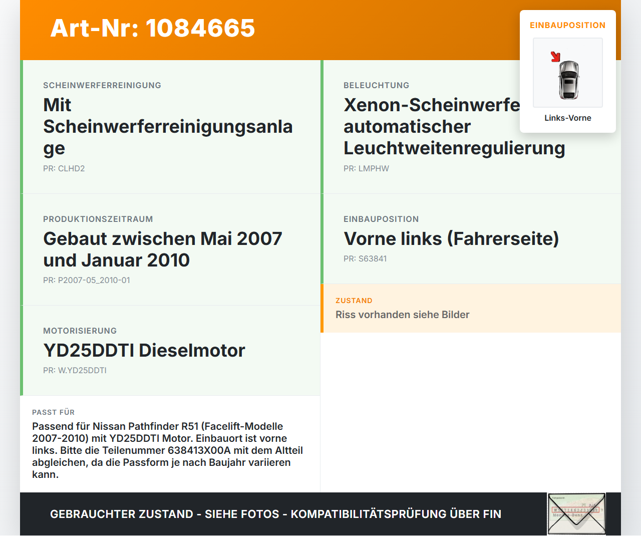 Nissan Pathfinder R51 05-10 Verkleidung Radhausschale Links Vorne für Kotflügel Nissan Nissan Pathfinder R51 05-10... Vorschau 3