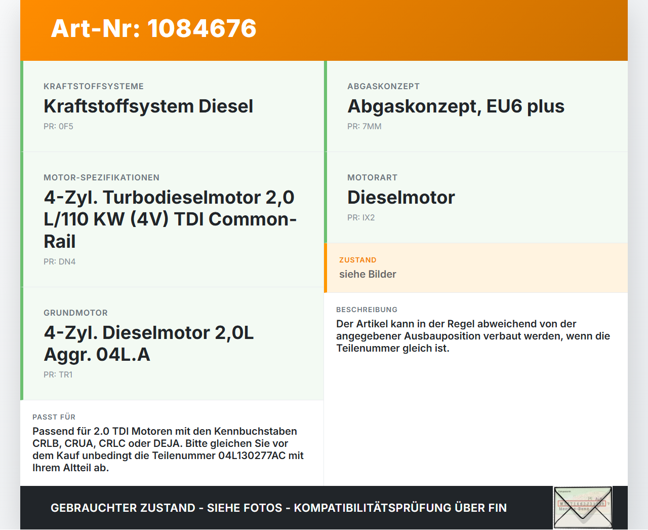 Audi A3 8V 12-16 TDI 2,0 110KW Injektor Einspritzdüse Zyl.1 Audi A3 8V 12-16 17.06.2016 04L130277AC 0445110469 gebraucht Vorschau 3