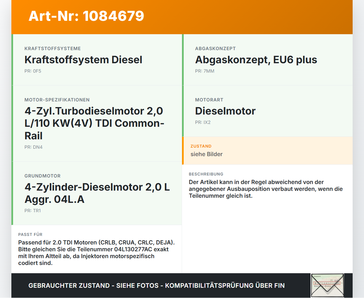 Audi A3 8V 12-16 TDI 2,0 110KW Injektor Einspritzdüse Zyl.4 Audi A3 8V 12-16 17.06.2016 04L130277AC 0445110469 gebraucht Vorschau 3