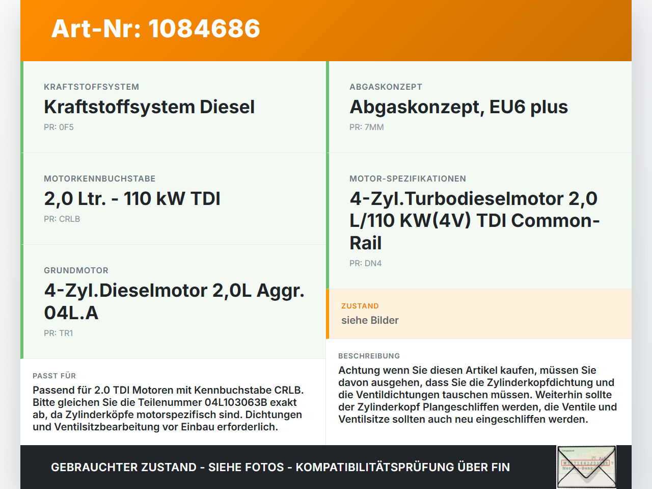 Audi A3 8V 12-16 TDI 2,0 110KW CRLB Zylinderkopf Audi A3 8V 12-16 17.06.2016 04L103063B 04L103373E gebraucht Vorschau 3