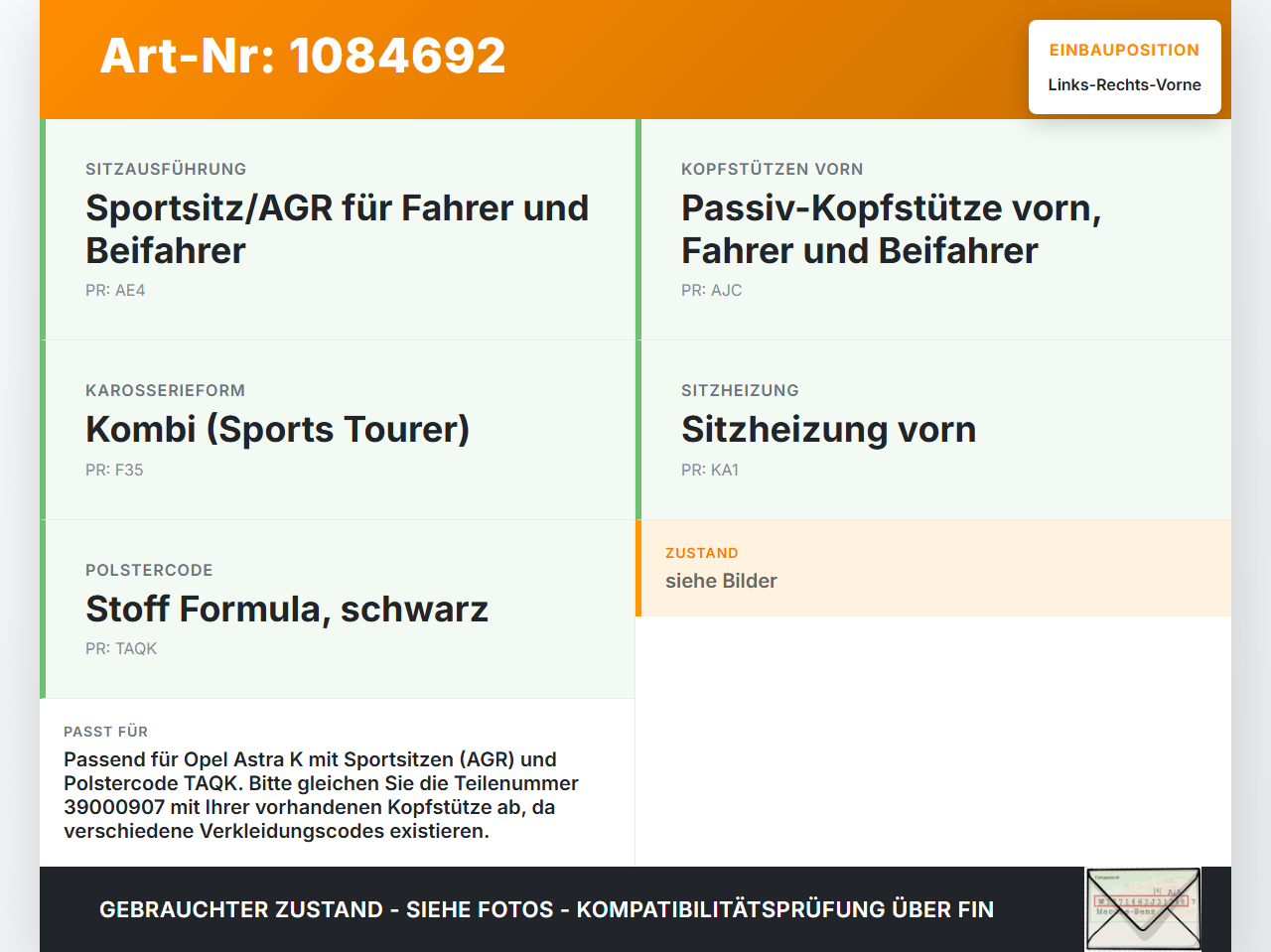 Opel Astra K B16 15-19 Kopfstütze für Fahrer Sitz Rechts oder Links Vorne Opel Astra K B16 15-19 31.05.2016... Vorschau 3