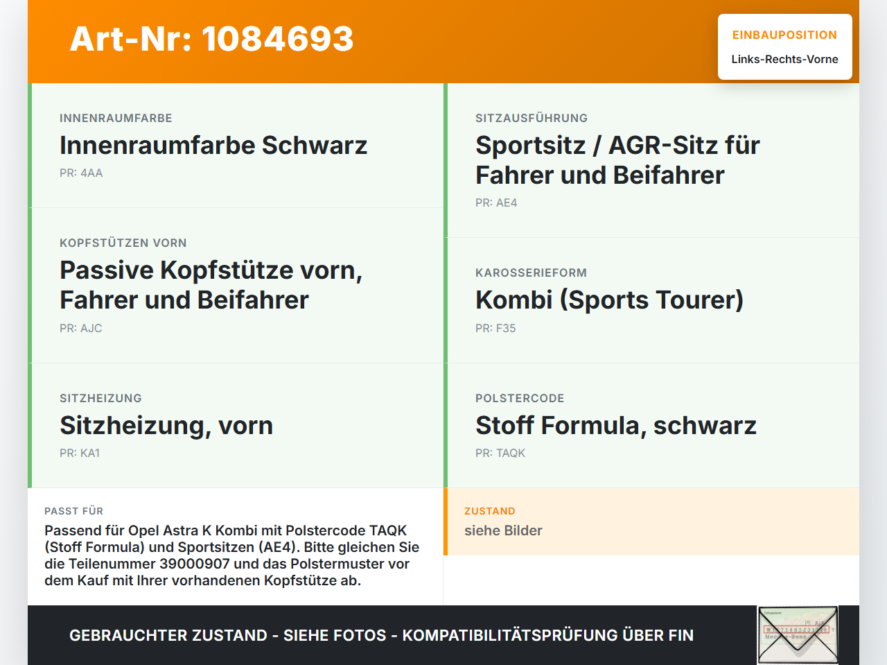 Opel Astra K B16 15-19 Kombi Kopfstütze für Beifahrer Sitz Rechts oder Links Vorne Opel Astra K B16 15-19... Vorschau 3