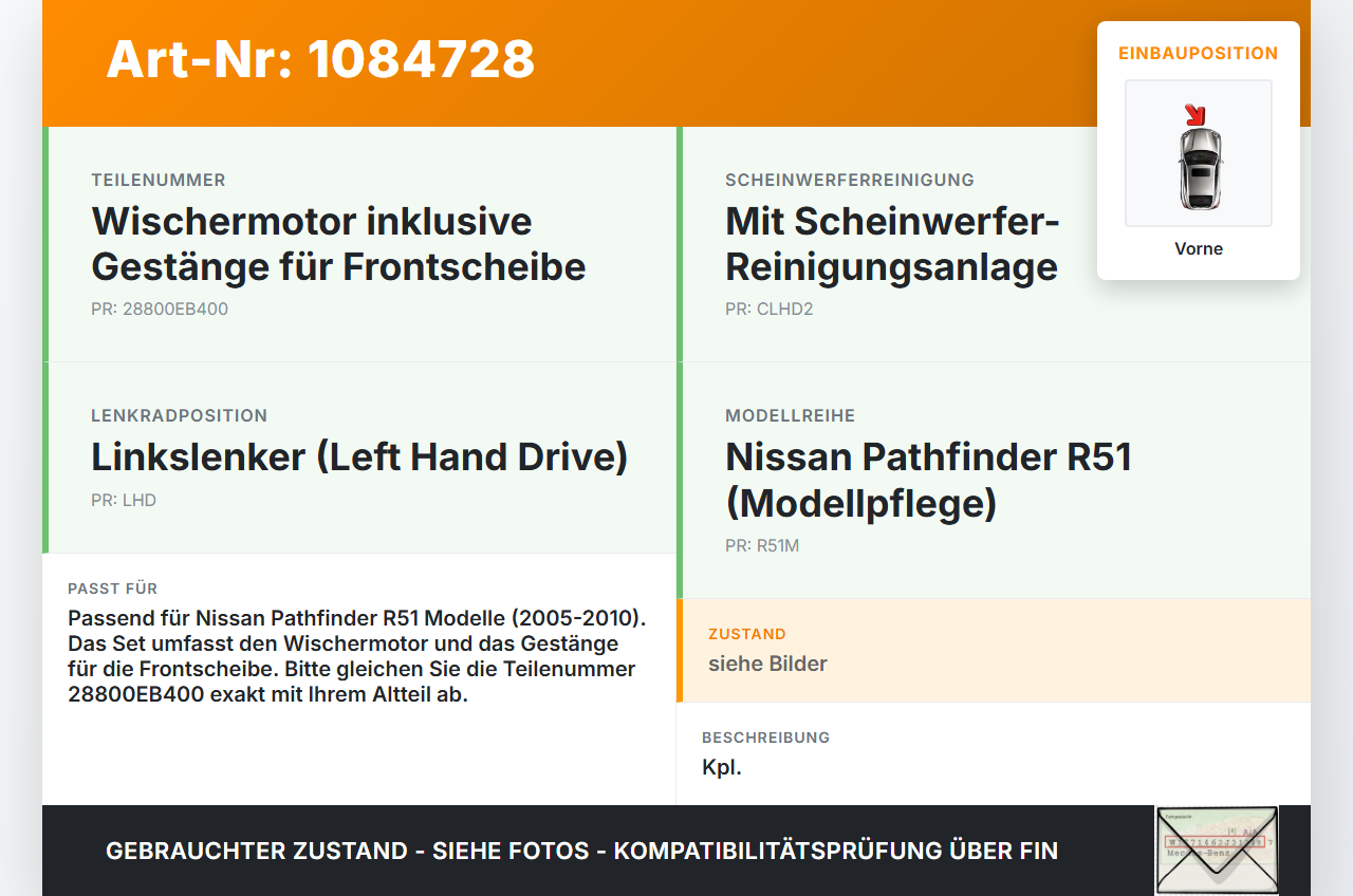 Nissan Pathfinder R51 05-10 Wischermotor mit Wischergestänge Vorne Nissan Nissan Pathfinder R51 05-10 29.09.2008... Vorschau 3
