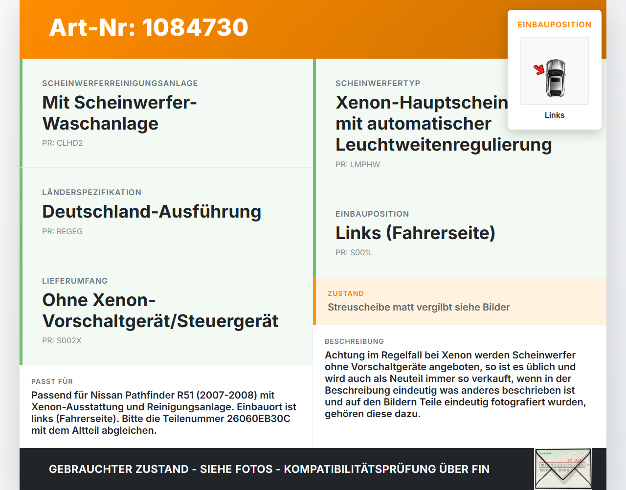 Nissan Pathfinder R51 05-10 Xenon Scheinwerfer Frontscheinwerfer Links Nissan Nissan Pathfinder R51 05-10... Vorschau 3