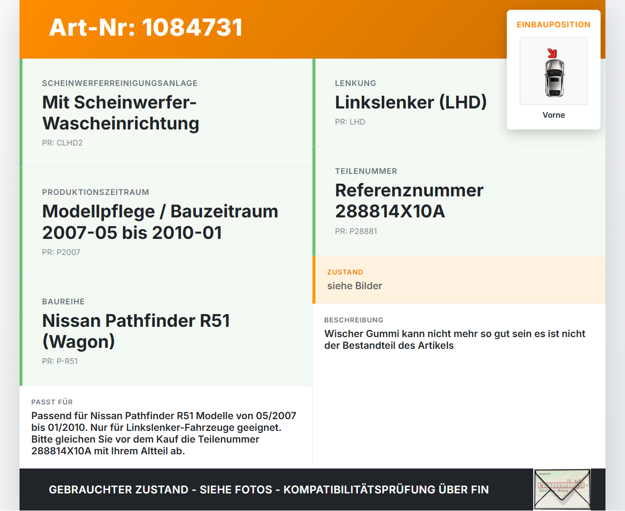 Nissan Pathfinder R51 05-10 2x Scheibenwischer Wischarm Vorne Nissan Nissan Pathfinder R51 05-10 29.09.2008... Vorschau 3
