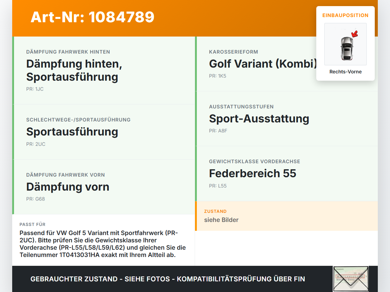 VW Golf 5 V Variant 1K5 03-09 Kombi Stossdämpfer Federbein Vorne Rechts VW Golf 5 V Variant 1K5 03-09 13.12.2007... Vorschau 3