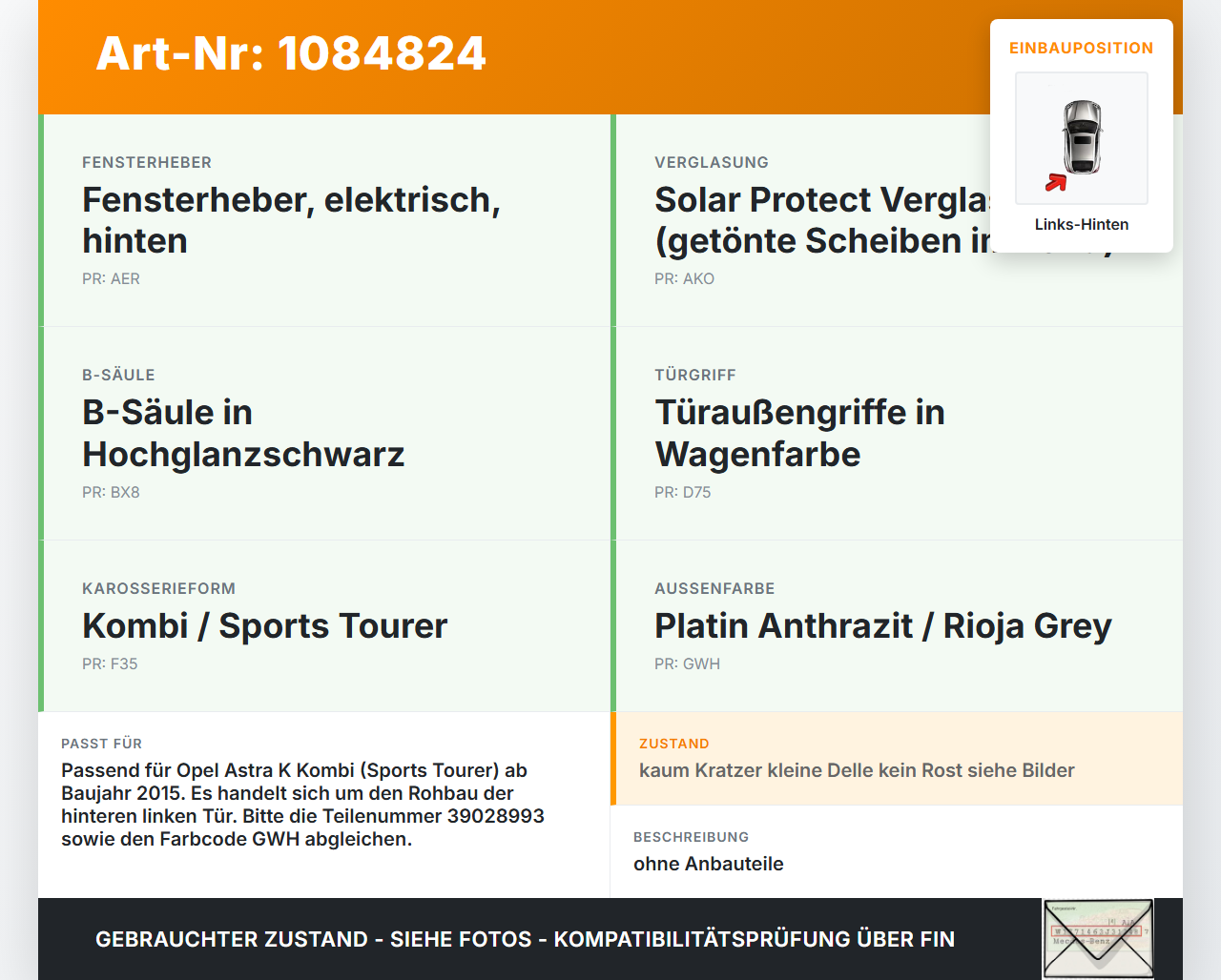 Opel Astra K B16 15-19 Kombi Tür Links Hinten GWH Opel Astra K B16 15-19 31.05.2016 39028993 gebraucht Vorschau 3