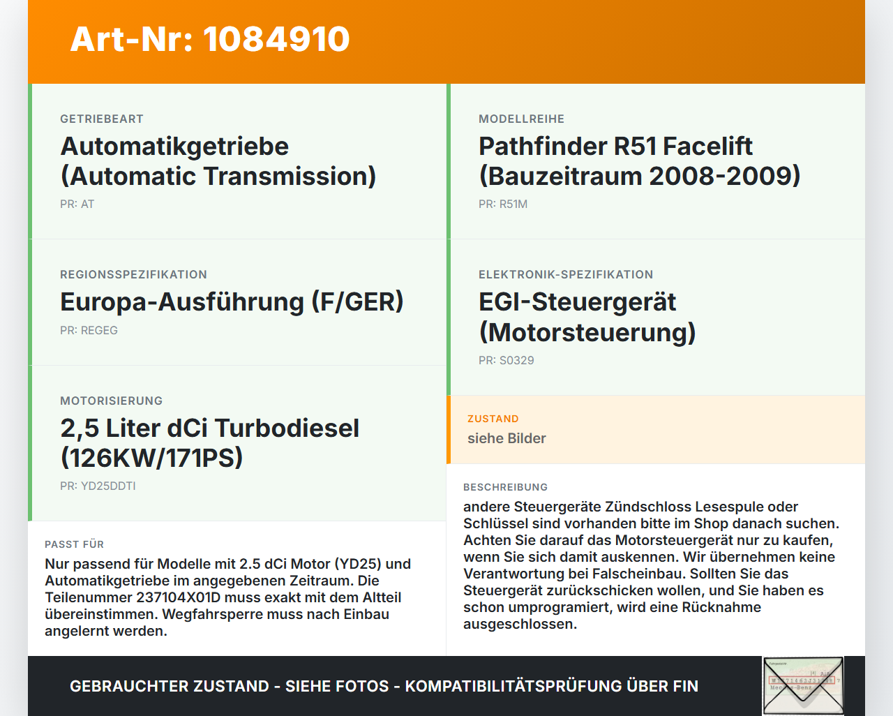 Nissan Pathfinder R51 05-10 dCi 2,5 126KW Steuergerät ECU für Motor Motorsteuergerät Nissan Nissan Pathfinder R51... Vorschau 3