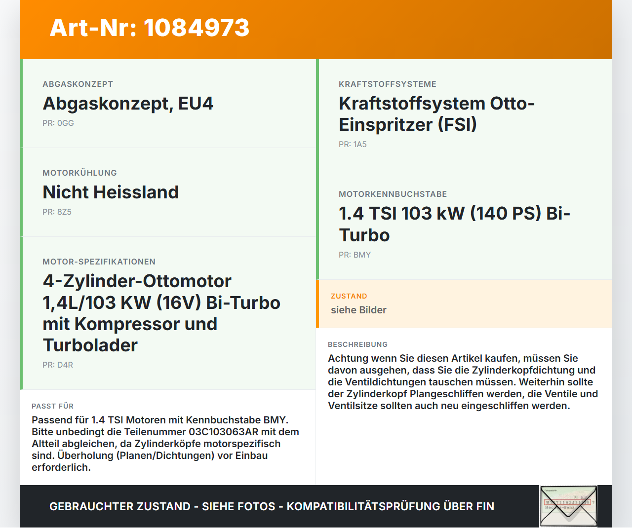 VW Golf 5 V Variant 1K5 03-09 TSI 1,4 59KW BMY Zylinderkopf VW Golf 5 V Variant 1K5 03-09 13.12.2007 03C103063AR... Vorschau 3